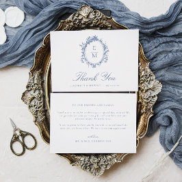 Vintages Wappen Monogram Botanical Blue Wedding Dankeskarte