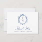 Vintages Wappen Monogram Botanical Blue Wedding Dankeskarte (Vorderseite)