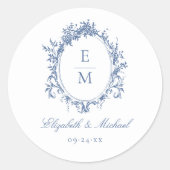 Vintages Wappen Monogram Botanical Blue Wedding Runder Aufkleber (Vorderseite)