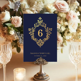 Vintages Wappen Navy Blue Imitate Gold Hochzeit Tischnummer