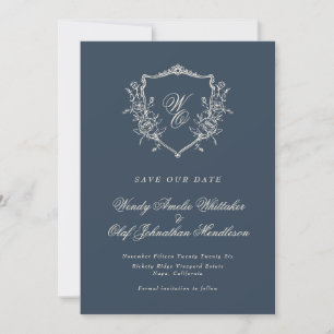 Vintages Wappen Navy & Creme Monogram Foto Save The Date
