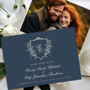 Vintages Wappen Navy & Creme Monogram Foto Save The Date