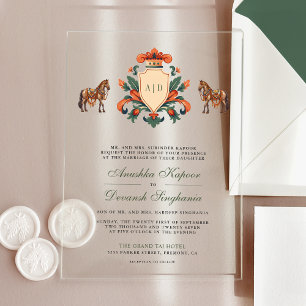 Vintages Wappen Royal Horse Indian Hindu Hochzeit Acryleinladungen