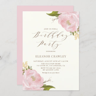 Vintages Wasserfarben-Rosa-Peongs Geburtstagsparty Einladung