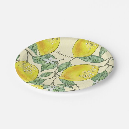 Vintages Wasserfarben Sommerlemonmuster Pappteller (Schrägansicht)