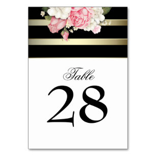 Vintages Wedding BlumengoldSchwarz-weiße Streifen Tischnummer