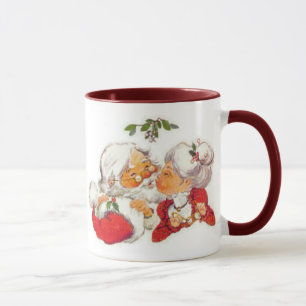 Vintages Weihnachten Sankt, die Frau Klaus küsst Tasse