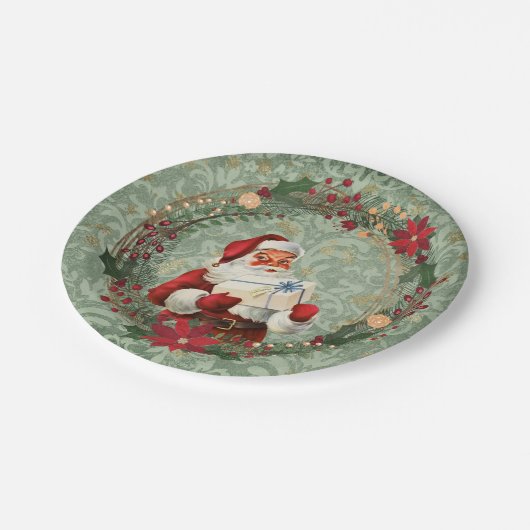 Vintages Weihnachten Sankt und Wreath Pappteller (Schrägansicht)