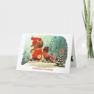Vintages Weihnachten, Tiere, die lernen Ski zu Feiertagskarte