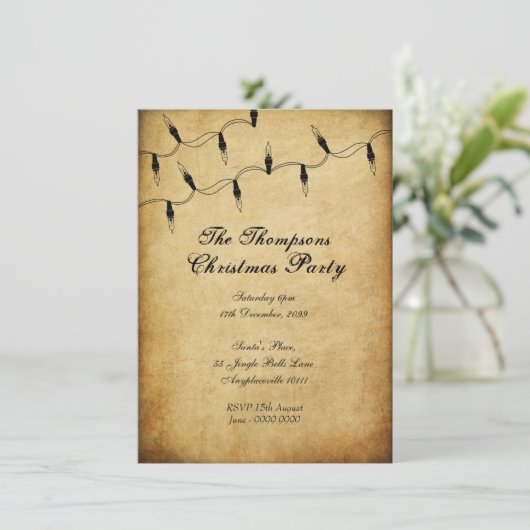 Vintages Weihnachtsbaum Fairy Lights Party Einladung (Stehend Vorderseite)