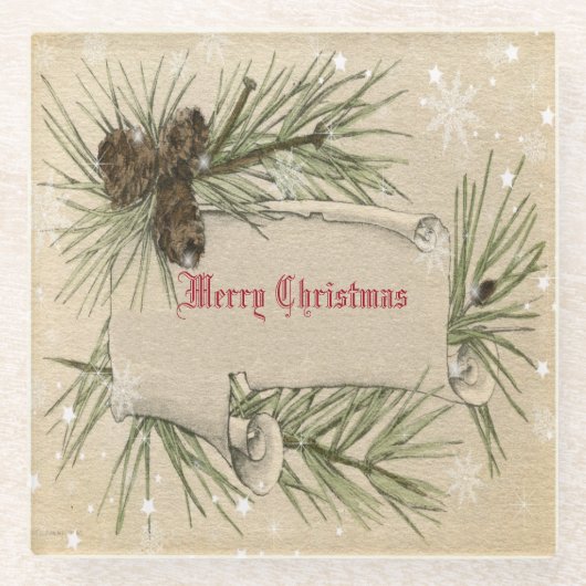 Vintages Weihnachtsbuch Scroll Pineca Glasuntersetzer (Vorderseite)