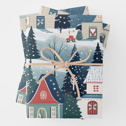 Vintages Weihnachtsdorf-Muster Geschenkpapier Set (Beispiel)