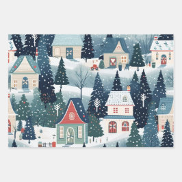 Vintages Weihnachtsdorf-Muster Geschenkpapier Set