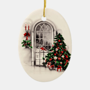 Vintages Weihnachtsfenster beleuchtet Verzierung Keramik Ornament
