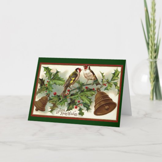 Vintages Weihnachtsgold Bell und Vögel Feiertagskarte (Vorderseite)