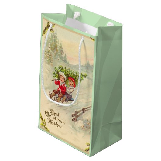 Vintages WeihnachtskinderSledding Kleine Geschenktüte (Rückseite Schrägansicht)