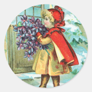 Vintages Weihnachtskleines Mädchen u. -veilchen Runder Aufkleber