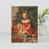 Vintages Weihnachtsmädchen mit Geschenken Feiertagskarte (Stehend Vorderseite)