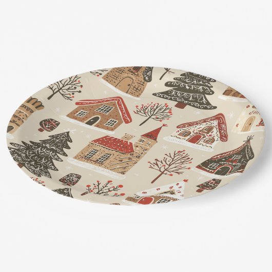 Vintages Weihnachtsmuster aus Holz (4) Pappteller (Schrägansicht)