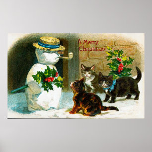 Vintages Weihnachtssnowman- und Katzendekorplakat Poster