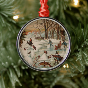 Vintages Weihnachtsszenen-Eis-Skaten Silbernes Ornament