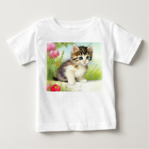 Vintages Weiß und Brown Kitten mit Blume Baby T-shirt