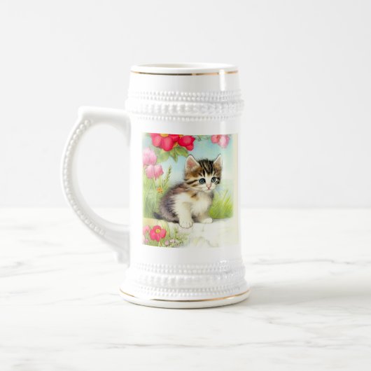 Vintages Weiß und Brown Kitten mit Blume Bierglas (Links)