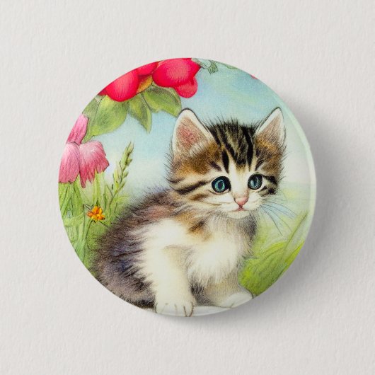Vintages Weiß und Brown Kitten mit Blume Button (Vorderseite)