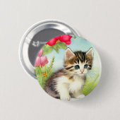 Vintages Weiß und Brown Kitten mit Blume Button (Vorne & Hinten)