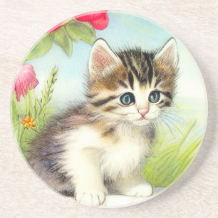 Vintages Weiß und Brown Kitten mit Blume Getränkeuntersetzer
