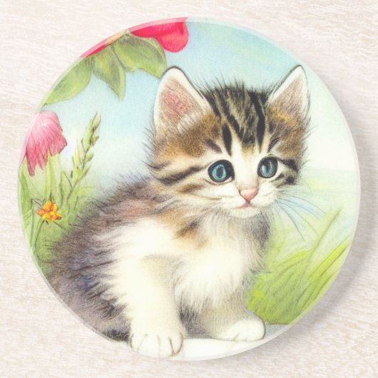Vintages Weiß und Brown Kitten mit Blume Getränkeuntersetzer (Vorne)
