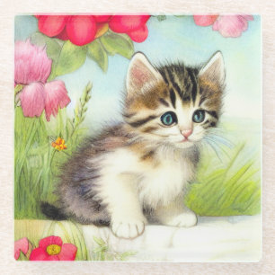 Vintages Weiß und Brown Kitten mit Blume Glasuntersetzer