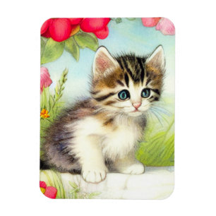Vintages Weiß und Brown Kitten mit Blume Magnet