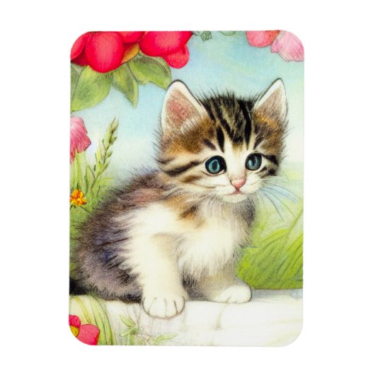 Vintages Weiß und Brown Kitten mit Blume Magnet (Vertikal)