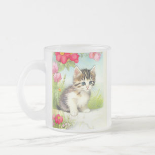 Vintages Weiß und Brown Kitten mit Blume Mattglastasse