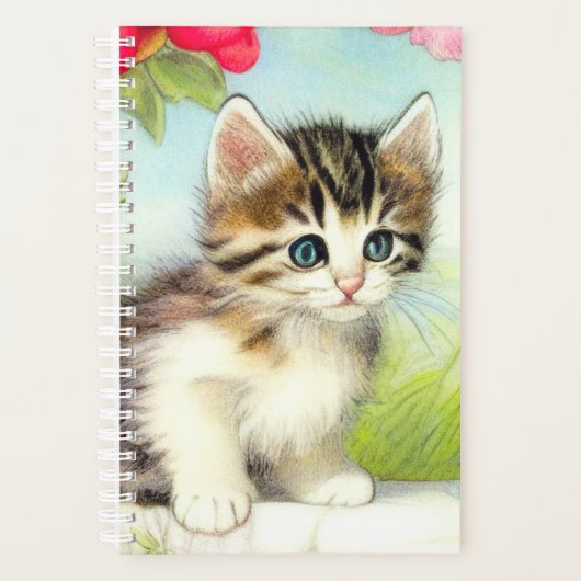 Vintages Weiß und Brown Kitten mit Blume Planer (Vorderseite)
