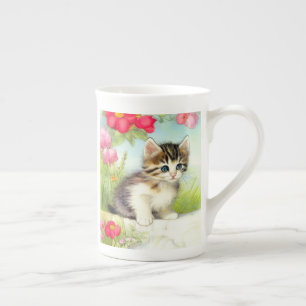 Vintages Weiß und Brown Kitten mit Blume Porzellantasse