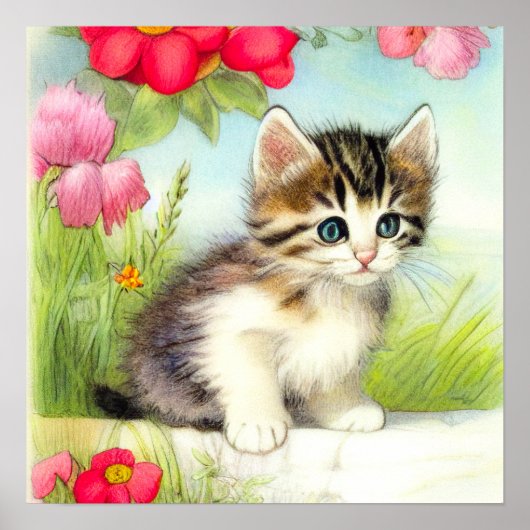 Vintages Weiß und Brown Kitten mit Blume Poster (Vorne)