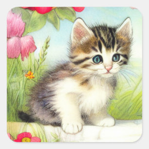 Vintages Weiß und Brown Kitten mit Blume Quadratischer Aufkleber