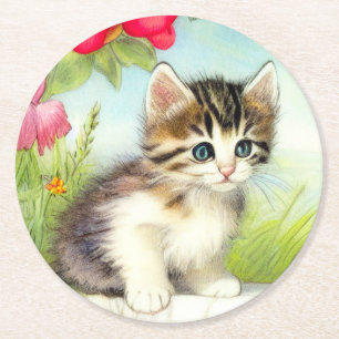 Vintages Weiß und Brown Kitten mit Blume Runder Pappuntersetzer