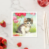 Vintages Weiß und Brown Kitten mit Blume Serviette (Beispiel)