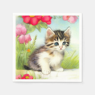 Vintages Weiß und Brown Kitten mit Blume Serviette