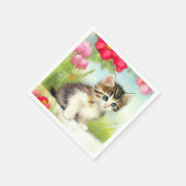Vintages Weiß und Brown Kitten mit Blume Serviette (Ecke)