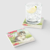 Vintages Weiß und Brown Kitten mit Blume Steinuntersetzer (Seitenansicht)