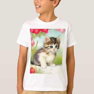 Vintages Weiß und Brown Kitten mit Blume T-Shirt