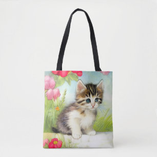 Vintages Weiß und Brown Kitten mit Blume Tasche