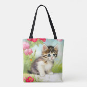 Vintages Weiß und Brown Kitten mit Blume Tasche (Rückseite)