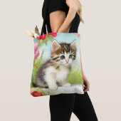 Vintages Weiß und Brown Kitten mit Blume Tasche (Von Nahem)