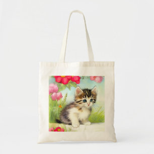 Vintages Weiß und Brown Kitten mit Blume Tragetasche
