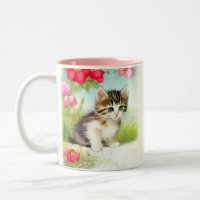 Vintages Weiß und Brown Kitten mit Blume
